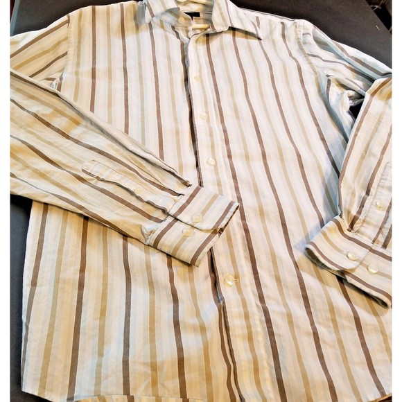 Express Button Up Shirt Men Sz Large 16 Brown Stripes Modern Fit Long Sleeve - Picture 15 of 15